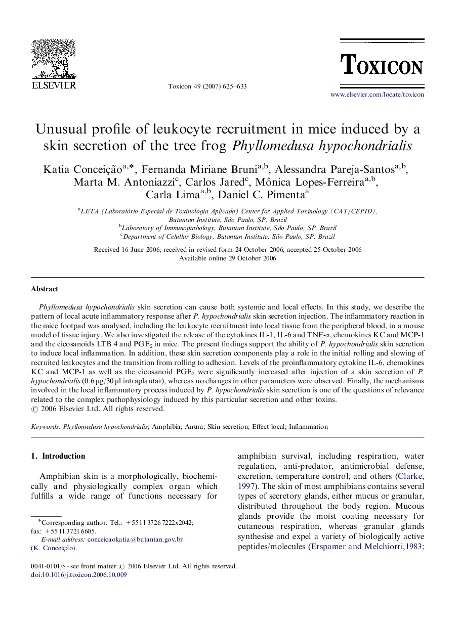 Unusual profile of leukocyte recruitment in mice induced by a skin secretion of the tree frog Phyllomedusa hypochondrialis