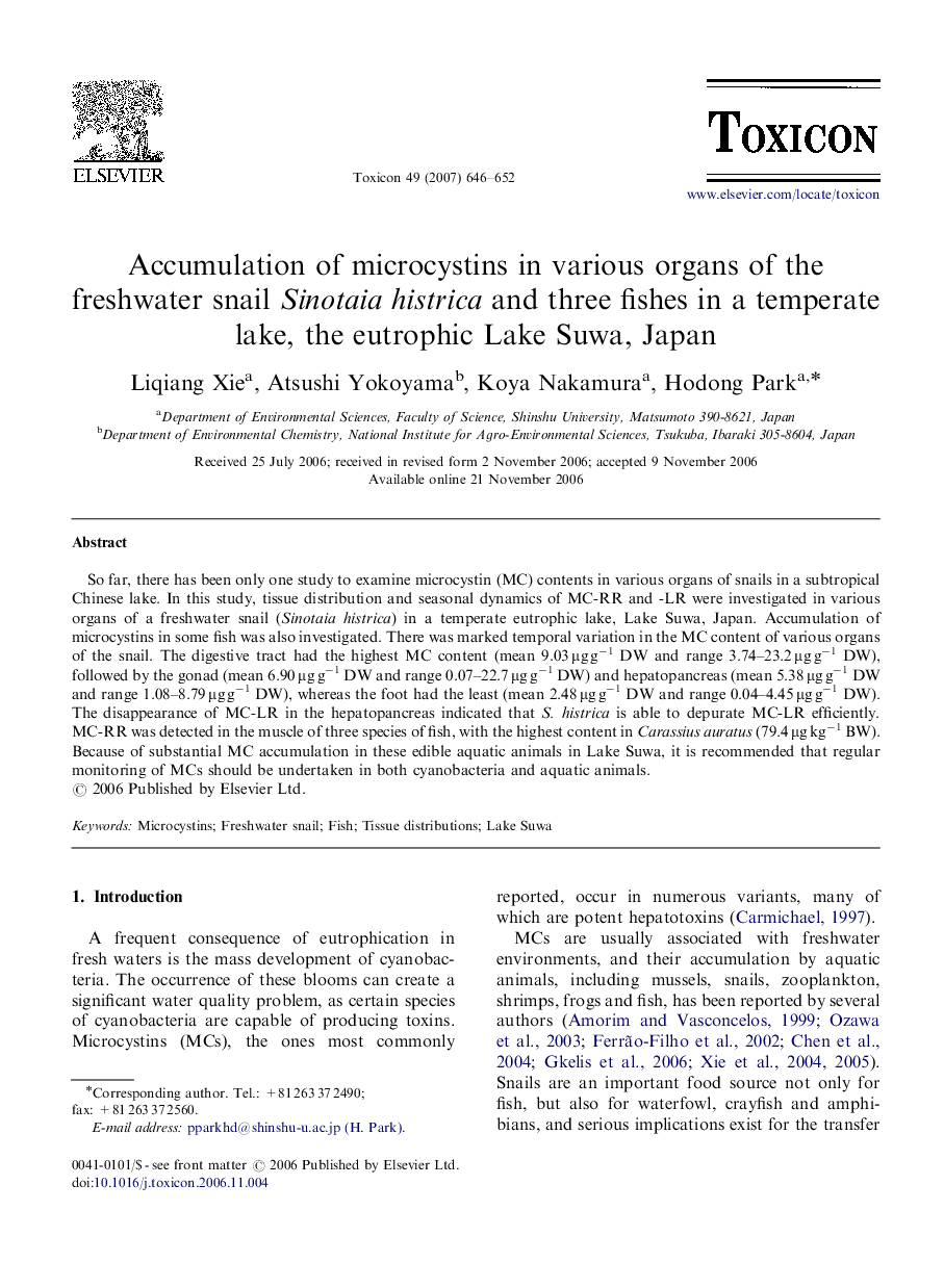 Accumulation of microcystins in various organs of the freshwater snail Sinotaia histrica and three fishes in a temperate lake, the eutrophic Lake Suwa, Japan