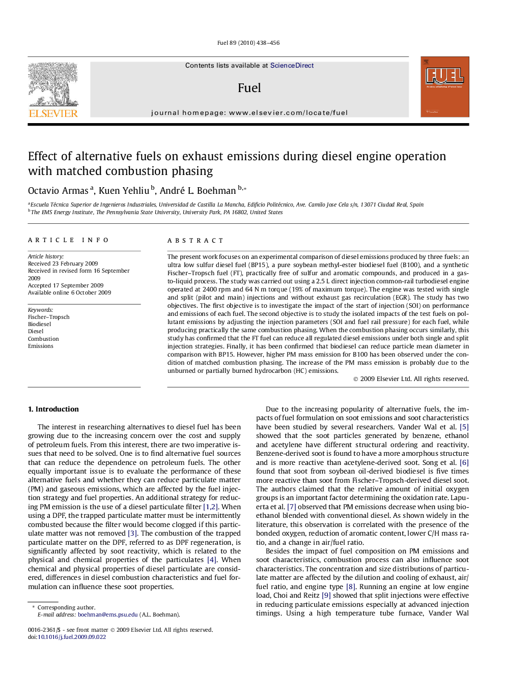 Effect of alternative fuels on exhaust emissions during diesel engine operation with matched combustion phasing