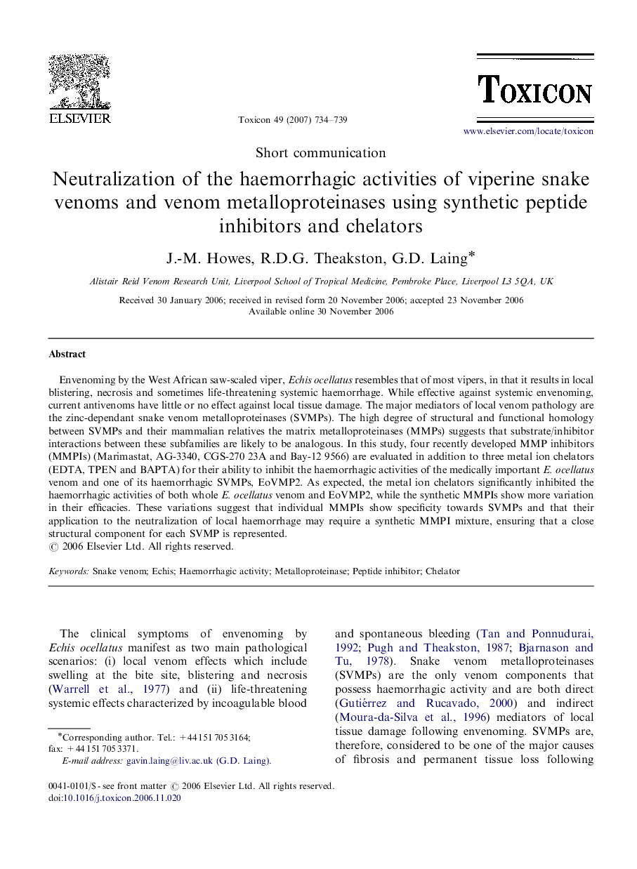 Neutralization of the haemorrhagic activities of viperine snake venoms and venom metalloproteinases using synthetic peptide inhibitors and chelators