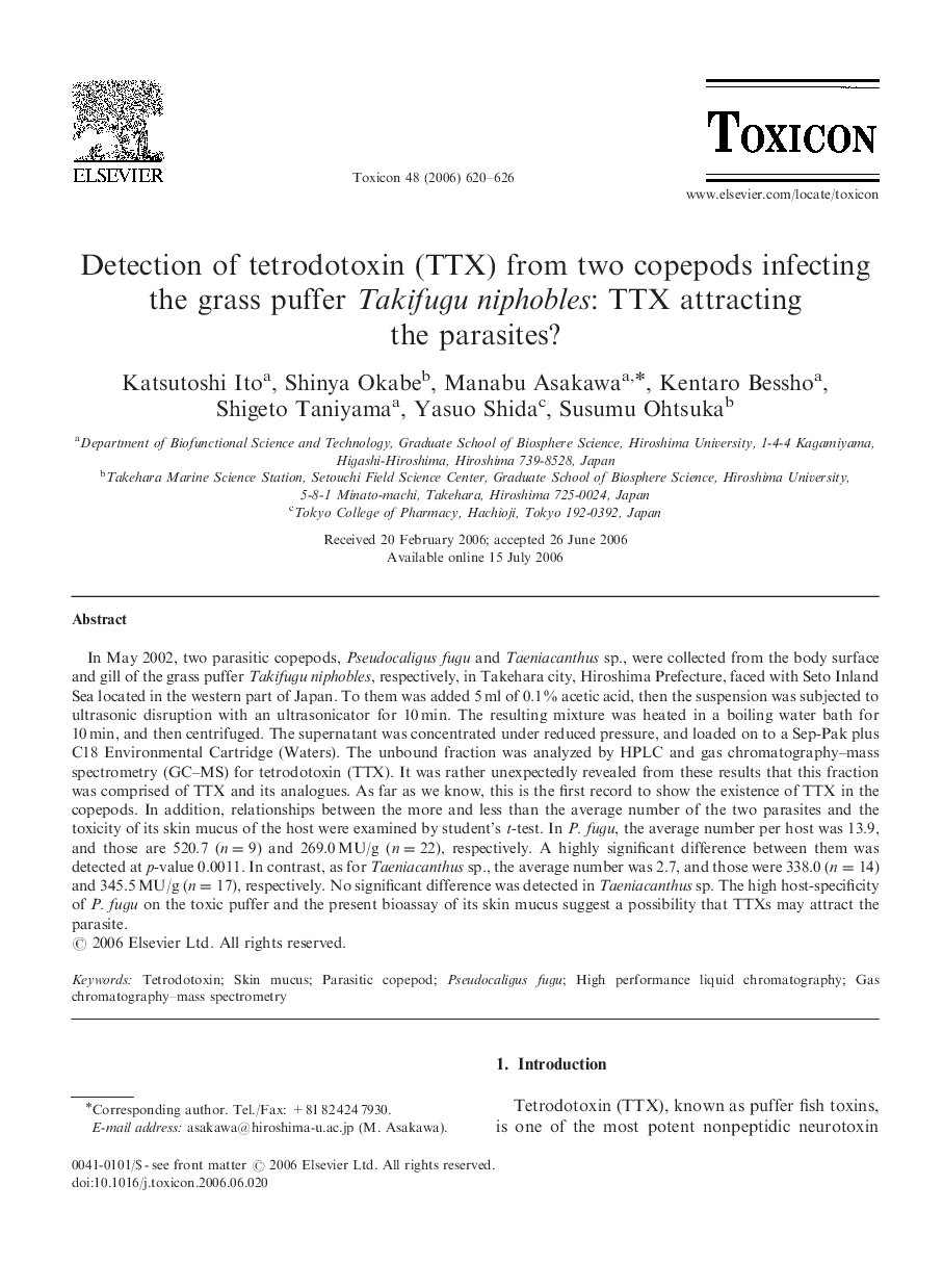 Detection of tetrodotoxin (TTX) from two copepods infecting the grass puffer Takifugu niphobles: TTX attracting the parasites?