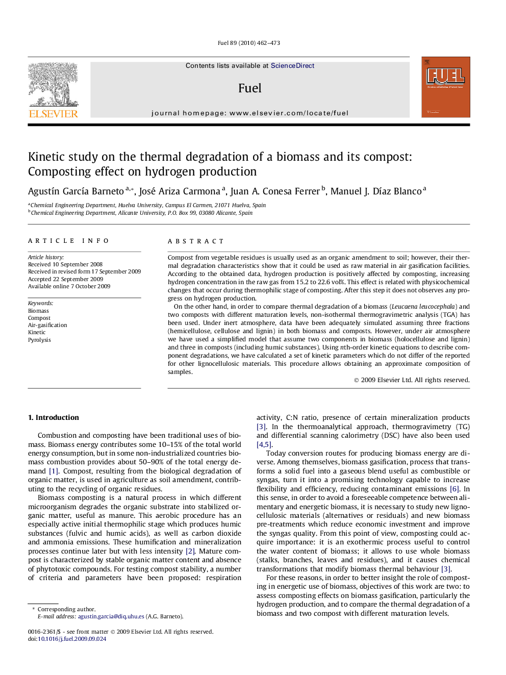 Kinetic study on the thermal degradation of a biomass and its compost: Composting effect on hydrogen production