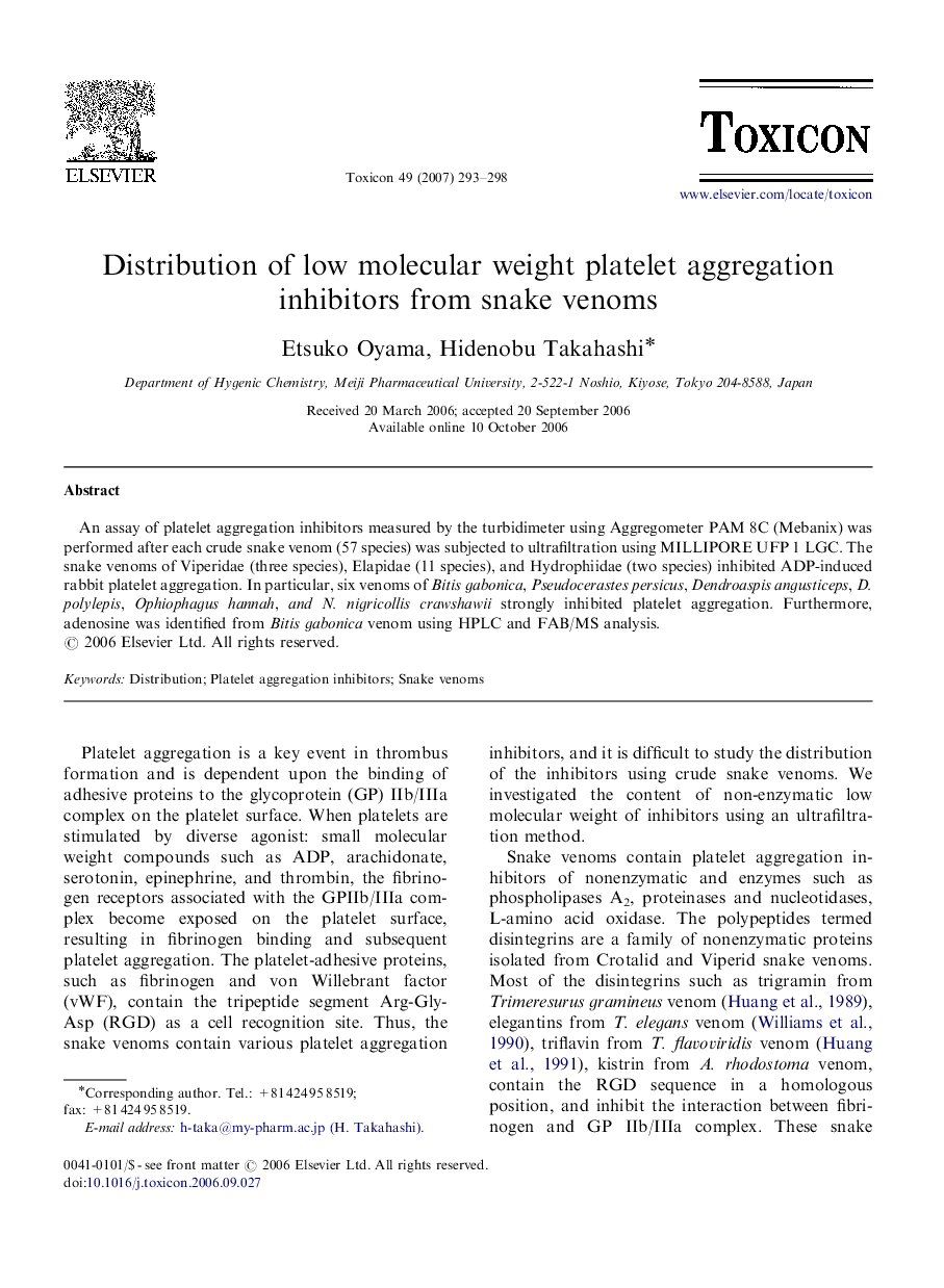 Distribution of low molecular weight platelet aggregation inhibitors from snake venoms