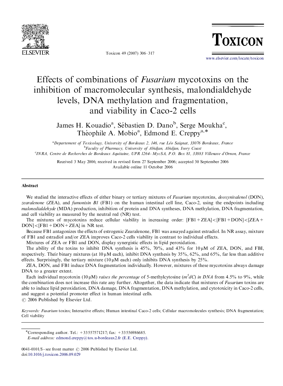 Effects of combinations of Fusarium mycotoxins on the inhibition of macromolecular synthesis, malondialdehyde levels, DNA methylation and fragmentation, and viability in Caco-2 cells