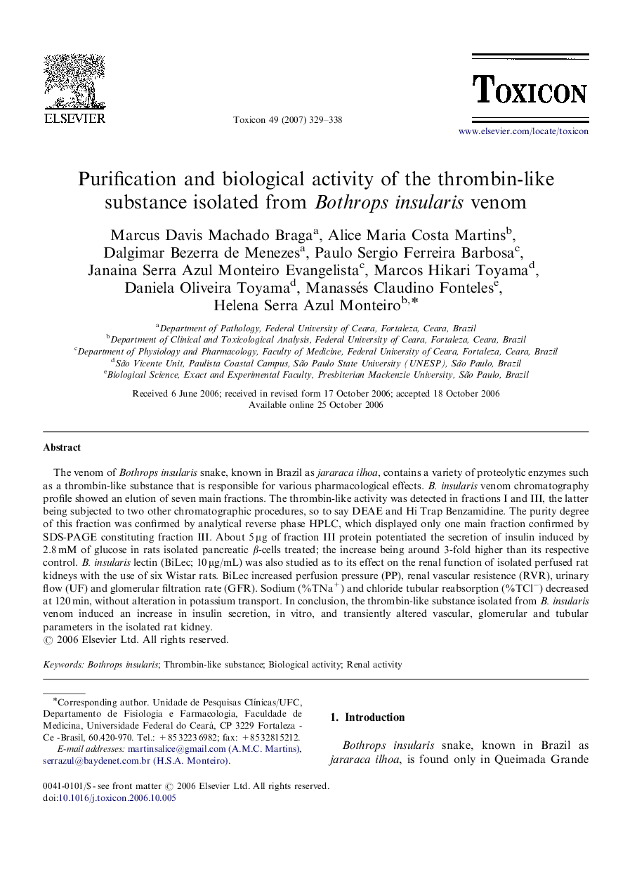 Purification and biological activity of the thrombin-like substance isolated from Bothrops insularis venom