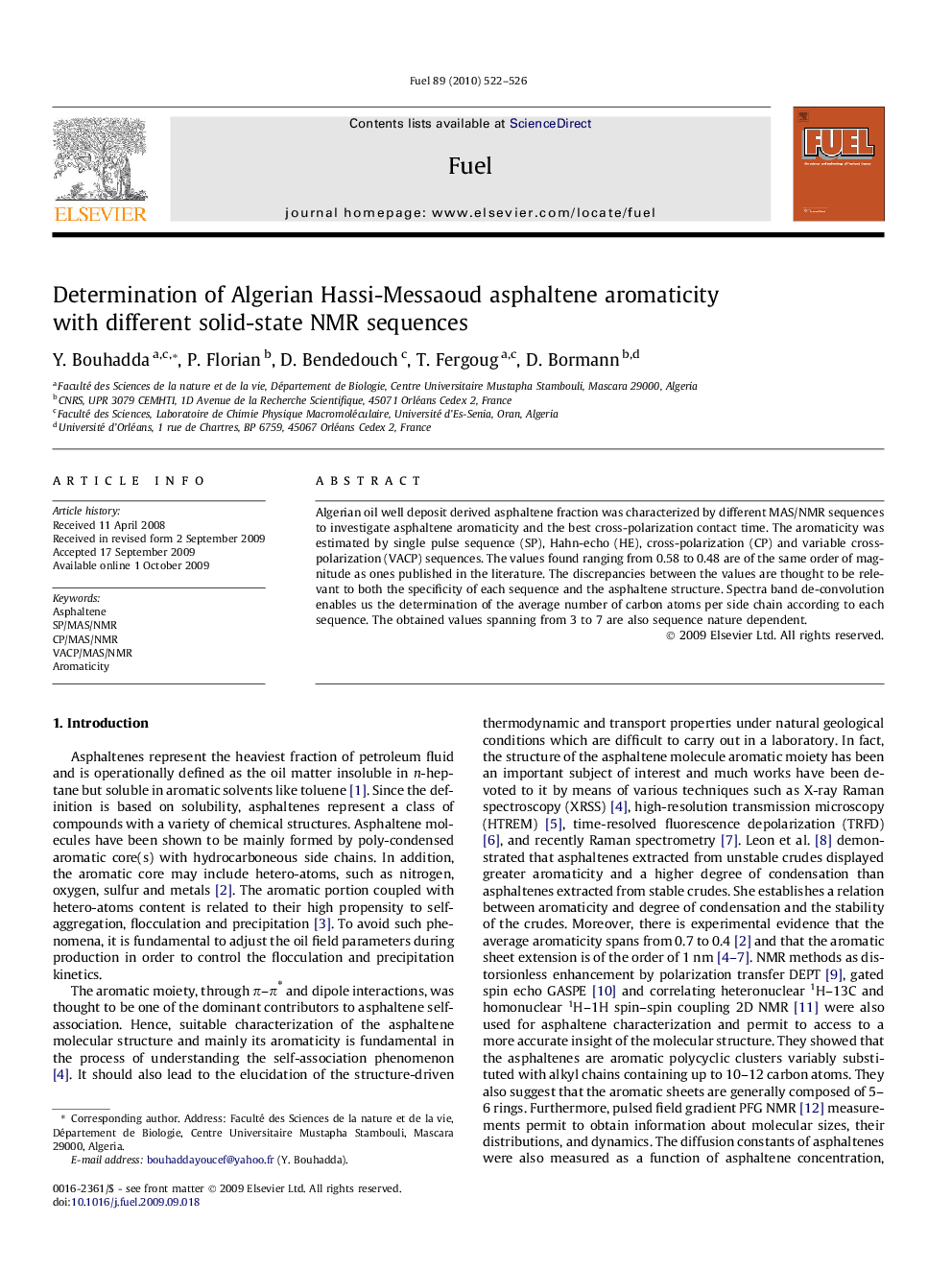 Determination of Algerian Hassi-Messaoud asphaltene aromaticity with different solid-state NMR sequences