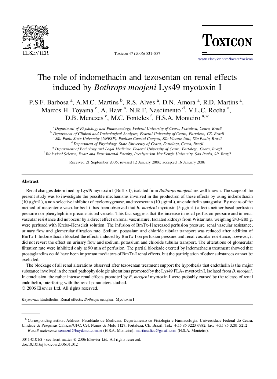 The role of indomethacin and tezosentan on renal effects induced by Bothrops moojeni Lys49 myotoxin I