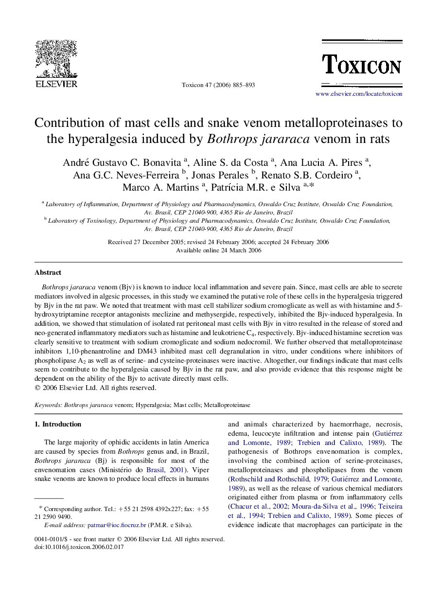 Contribution of mast cells and snake venom metalloproteinases to the hyperalgesia induced by Bothrops jararaca venom in rats