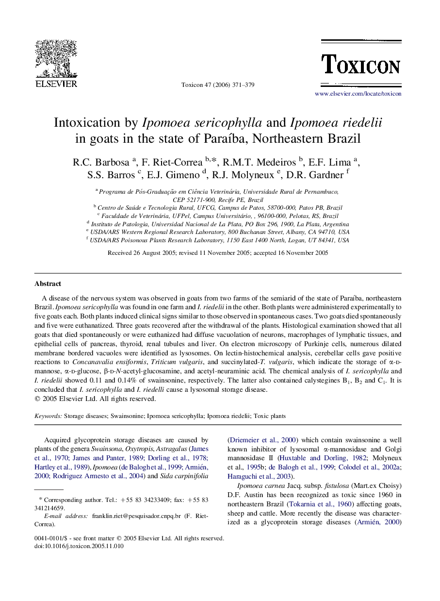 Intoxication by Ipomoea sericophylla and Ipomoea riedelii in goats in the state of Paraíba, Northeastern Brazil