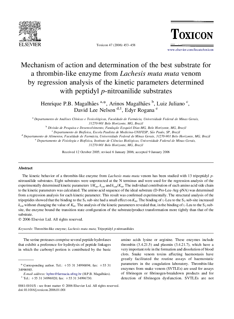 Mechanism of action and determination of the best substrate for a thrombin-like enzyme from Lachesis muta muta venom by regression analysis of the kinetic parameters determined with peptidyl p-nitroanilide substrates