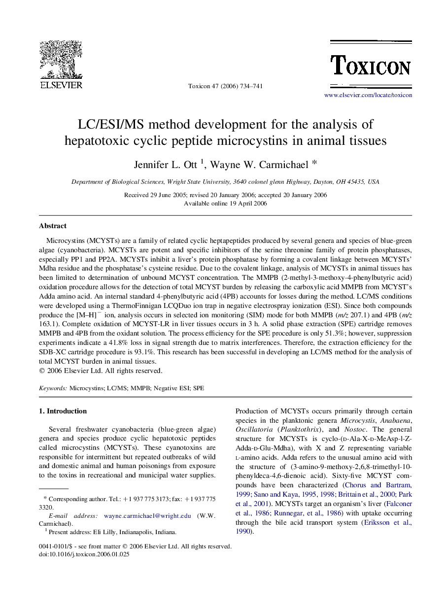 LC/ESI/MS method development for the analysis of hepatotoxic cyclic peptide microcystins in animal tissues