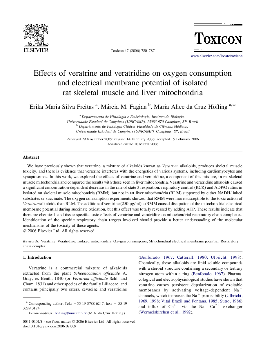 Effects of veratrine and veratridine on oxygen consumption and electrical membrane potential of isolated rat skeletal muscle and liver mitochondria