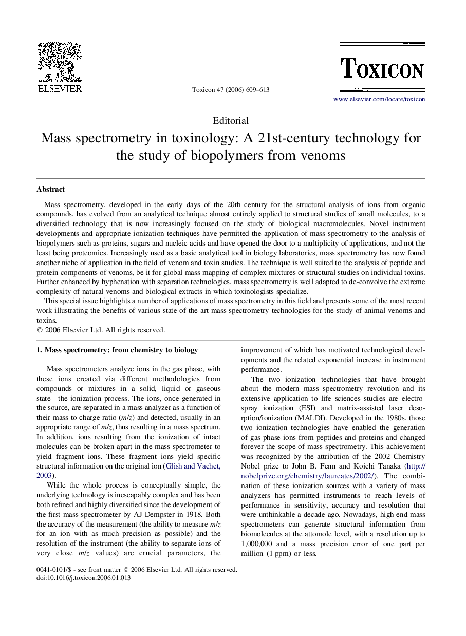 Mass spectrometry in toxinology: A 21st-century technology for the study of biopolymers from venoms