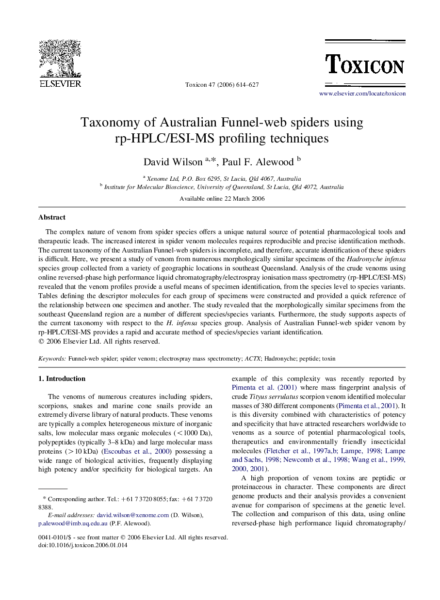 Taxonomy of Australian Funnel-web spiders using rp-HPLC/ESI-MS profiling techniques