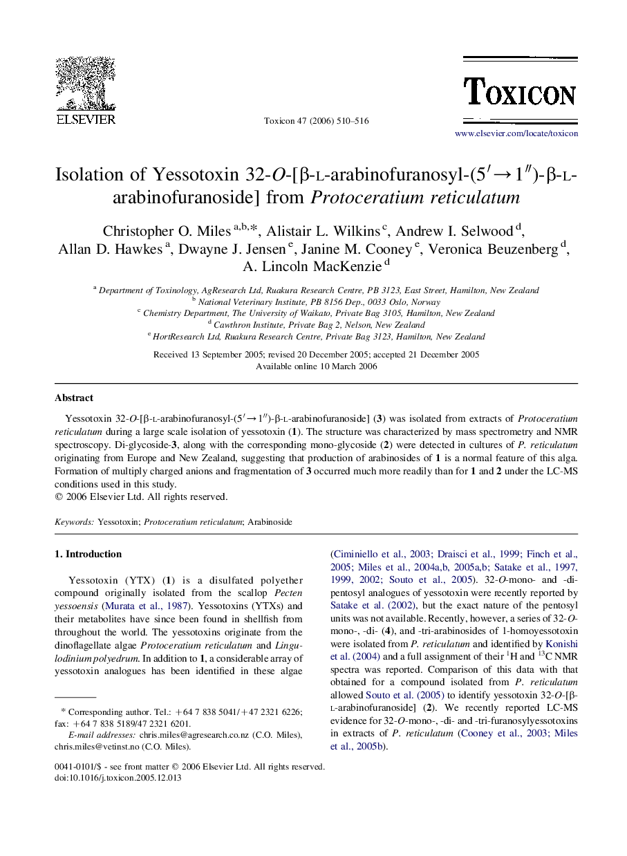 Isolation of Yessotoxin 32-O-[β-l-arabinofuranosyl-(5′→1″)-β-l-arabinofuranoside] from Protoceratium reticulatum