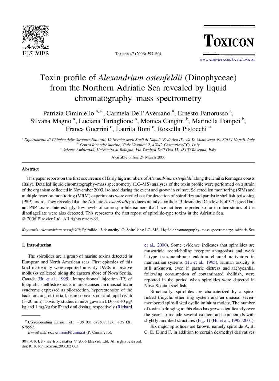 Toxin profile of Alexandrium ostenfeldii (Dinophyceae) from the Northern Adriatic Sea revealed by liquid chromatography–mass spectrometry