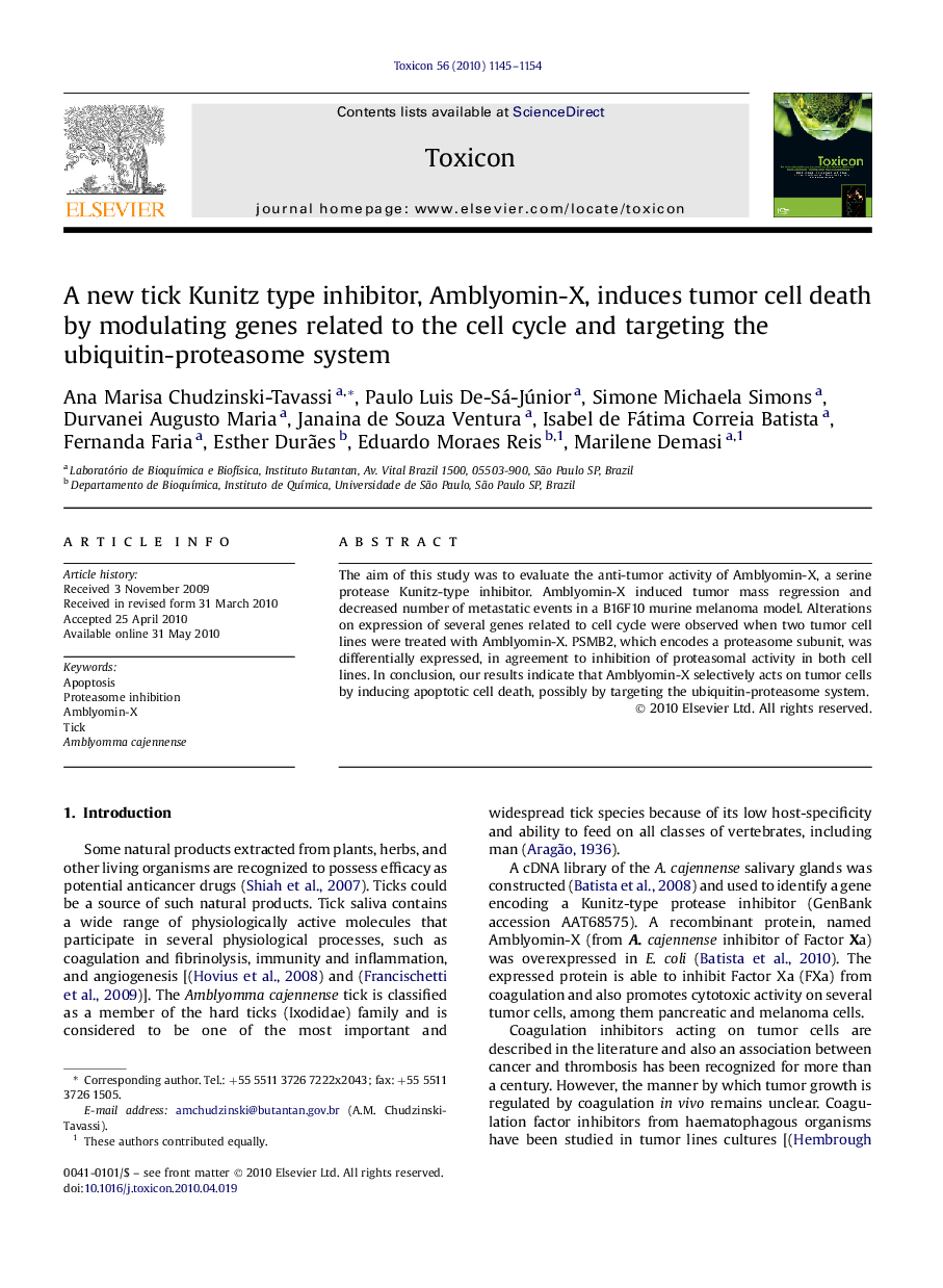 A new tick Kunitz type inhibitor, Amblyomin-X, induces tumor cell death by modulating genes related to the cell cycle and targeting the ubiquitin-proteasome system