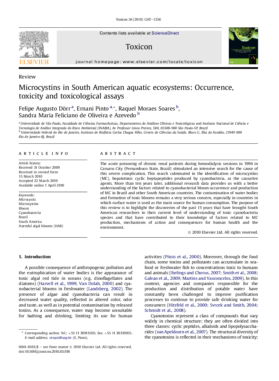 Microcystins in South American aquatic ecosystems: Occurrence, toxicity and toxicological assays