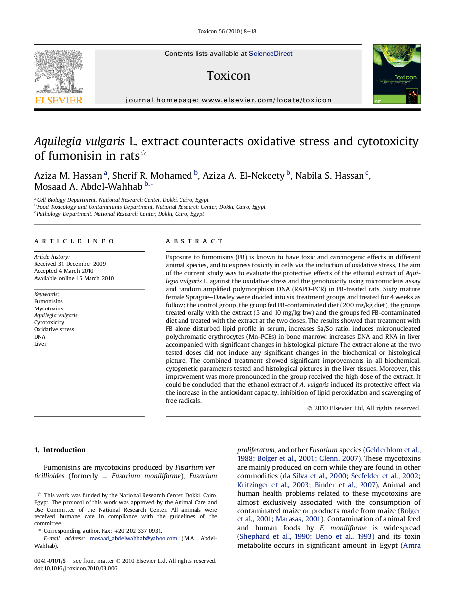 Aquilegia vulgaris L. extract counteracts oxidative stress and cytotoxicity of fumonisin in rats 