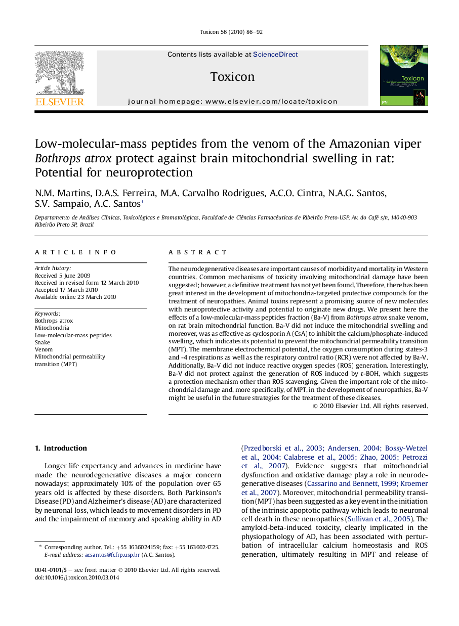 Low-molecular-mass peptides from the venom of the Amazonian viper Bothrops atrox protect against brain mitochondrial swelling in rat: Potential for neuroprotection