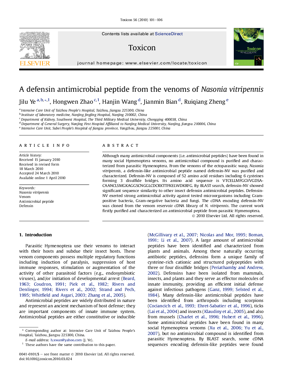 A defensin antimicrobial peptide from the venoms of Nasonia vitripennis