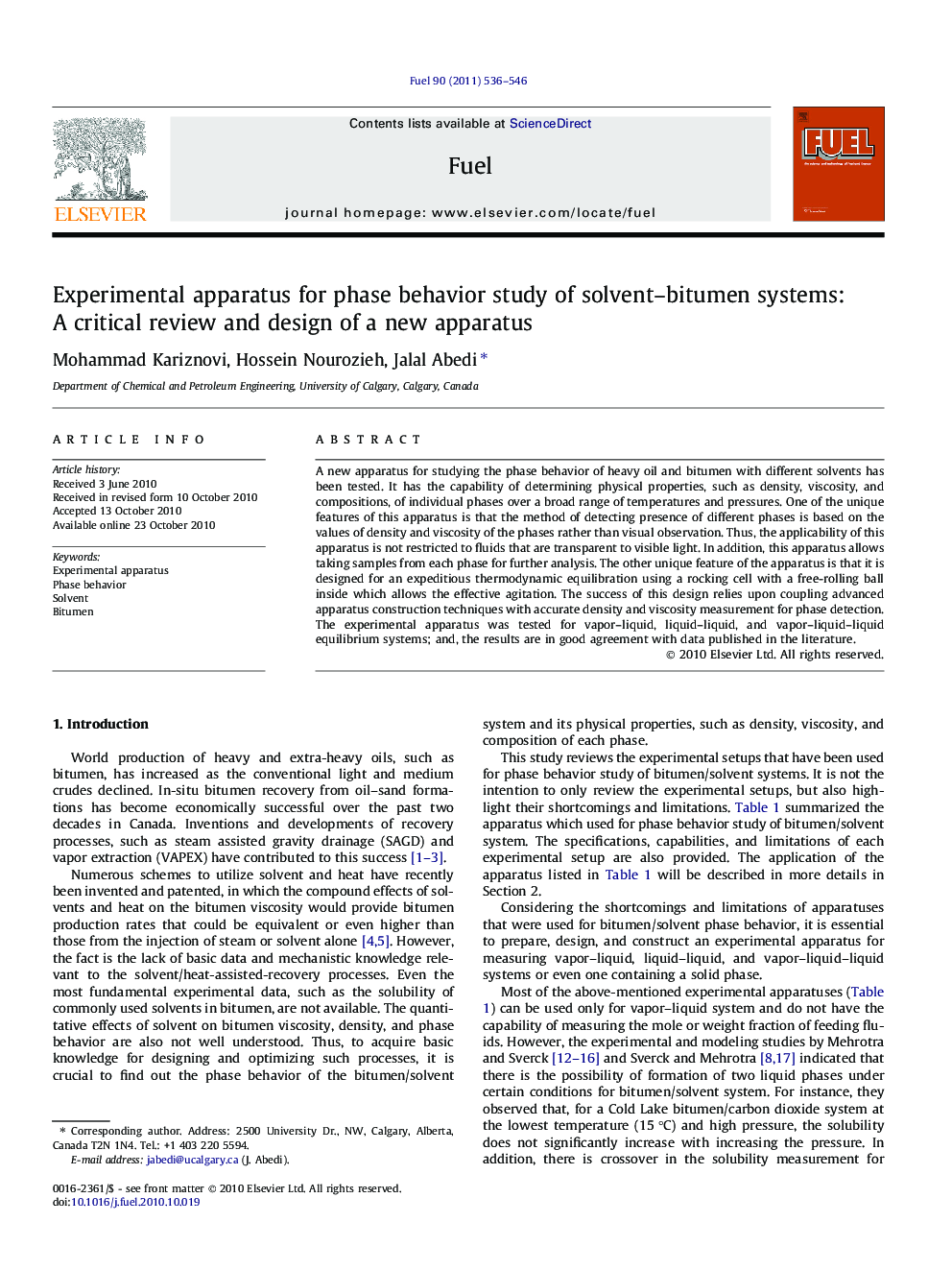 Experimental apparatus for phase behavior study of solvent–bitumen systems: A critical review and design of a new apparatus