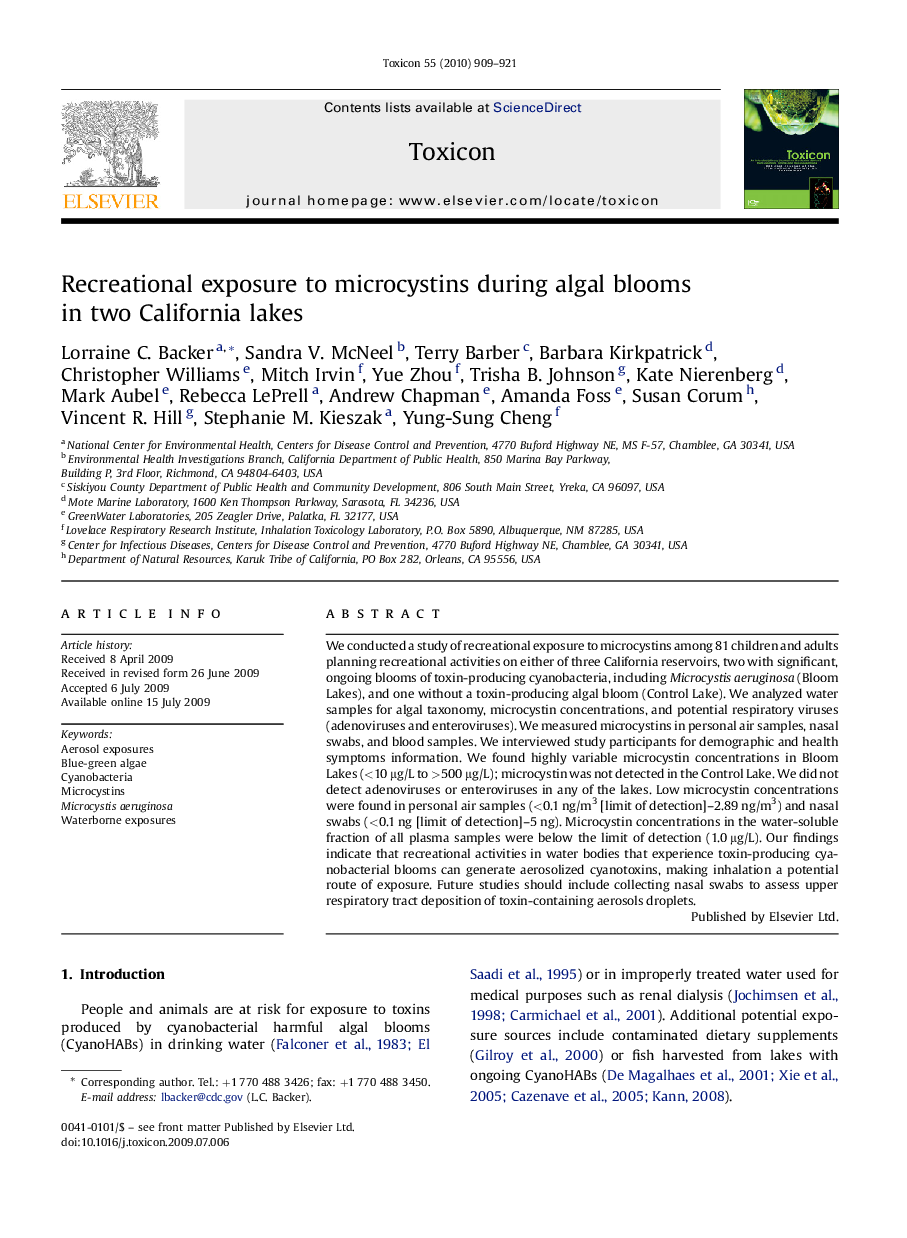 Recreational exposure to microcystins during algal blooms in two California lakes