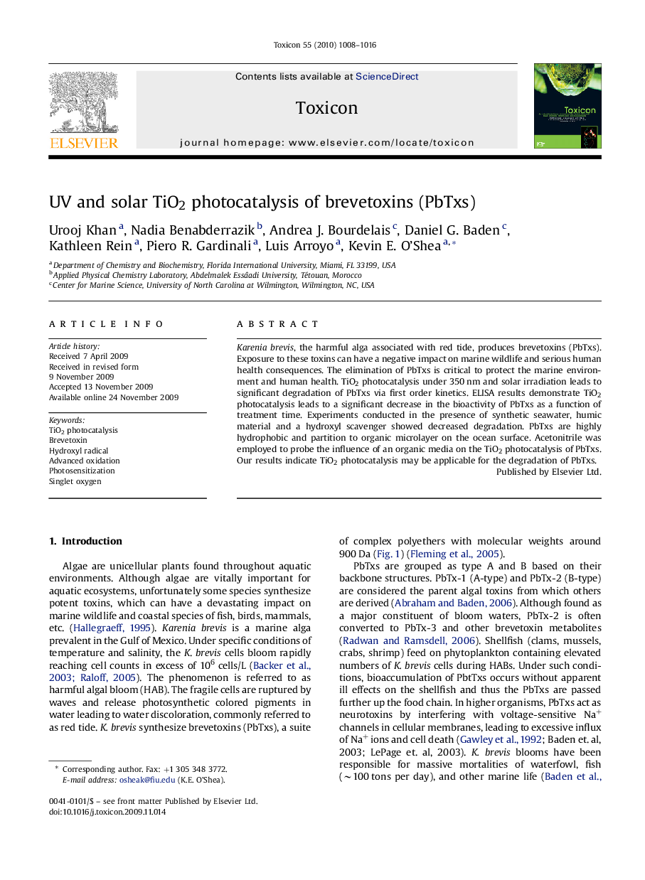 UV and solar TiO2 photocatalysis of brevetoxins (PbTxs)