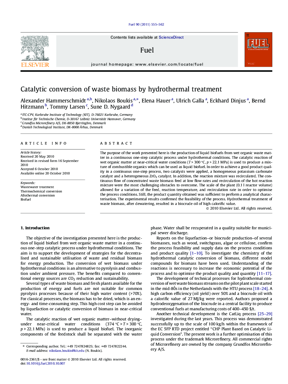 عکس صفحه اول مقاله: Catalytic conversion of waste biomass by hydrothermal treatment Catalytic conversion of waste biomass by hydrothermal treatment