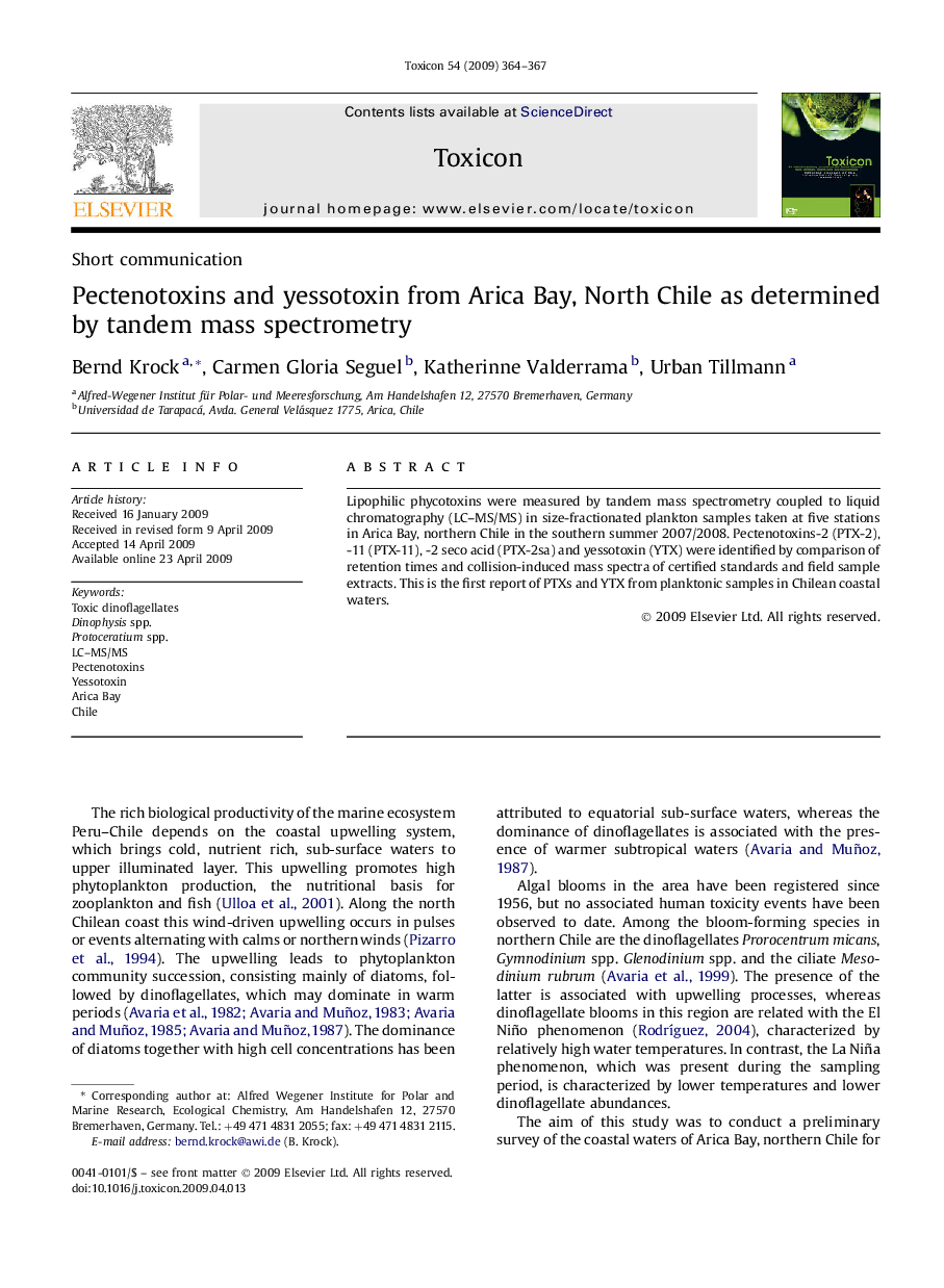 Pectenotoxins and yessotoxin from Arica Bay, North Chile as determined by tandem mass spectrometry