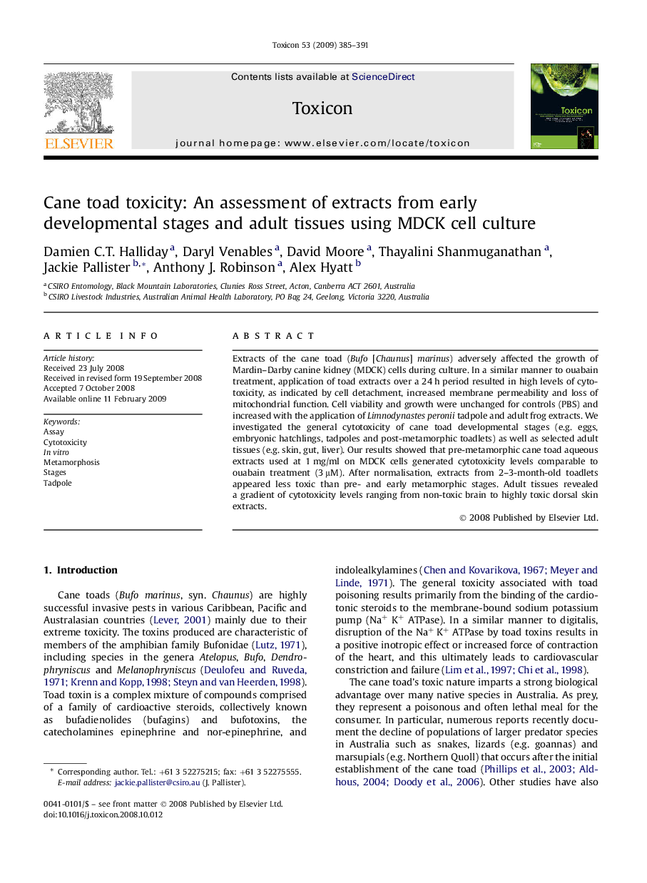 Cane toad toxicity: An assessment of extracts from early developmental stages and adult tissues using MDCK cell culture