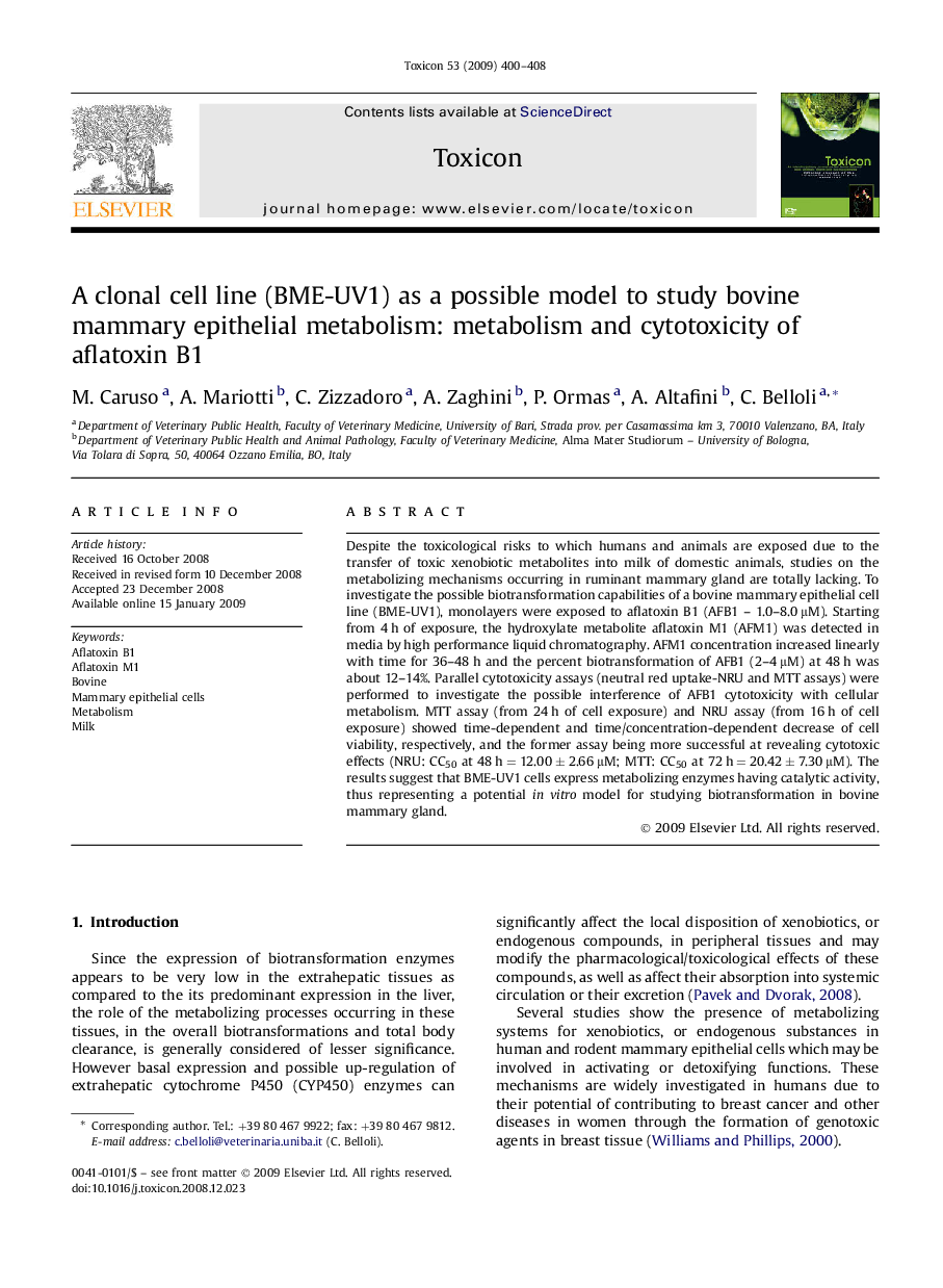 A clonal cell line (BME-UV1) as a possible model to study bovine mammary epithelial metabolism: metabolism and cytotoxicity of aflatoxin B1