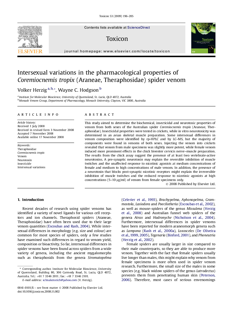 Intersexual variations in the pharmacological properties of Coremiocnemis tropix (Araneae, Theraphosidae) spider venom