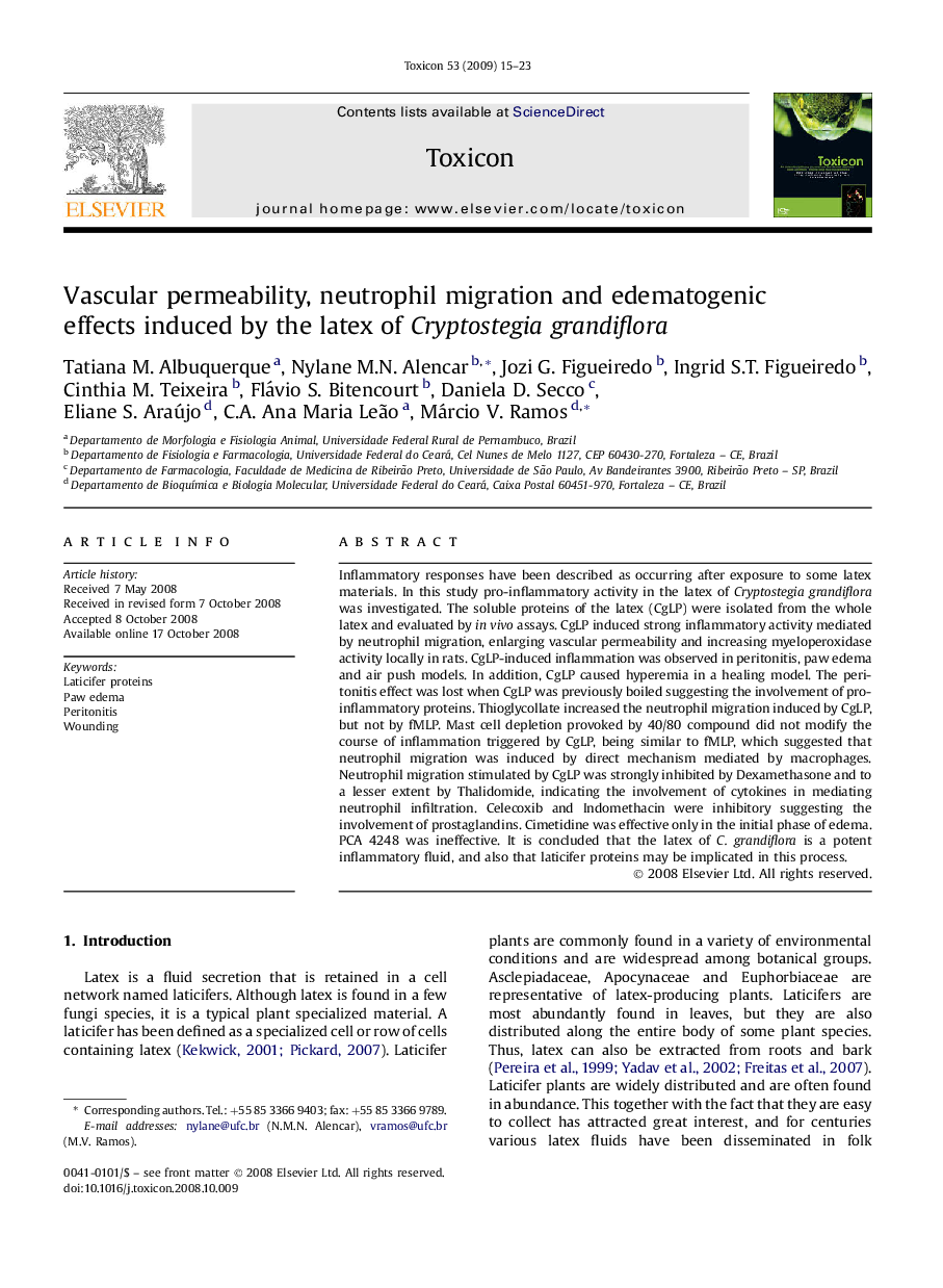 Vascular permeability, neutrophil migration and edematogenic effects induced by the latex of Cryptostegia grandiflora