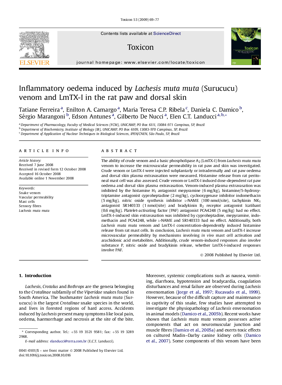 Inflammatory oedema induced by Lachesis muta muta (Surucucu) venom and LmTX-I in the rat paw and dorsal skin