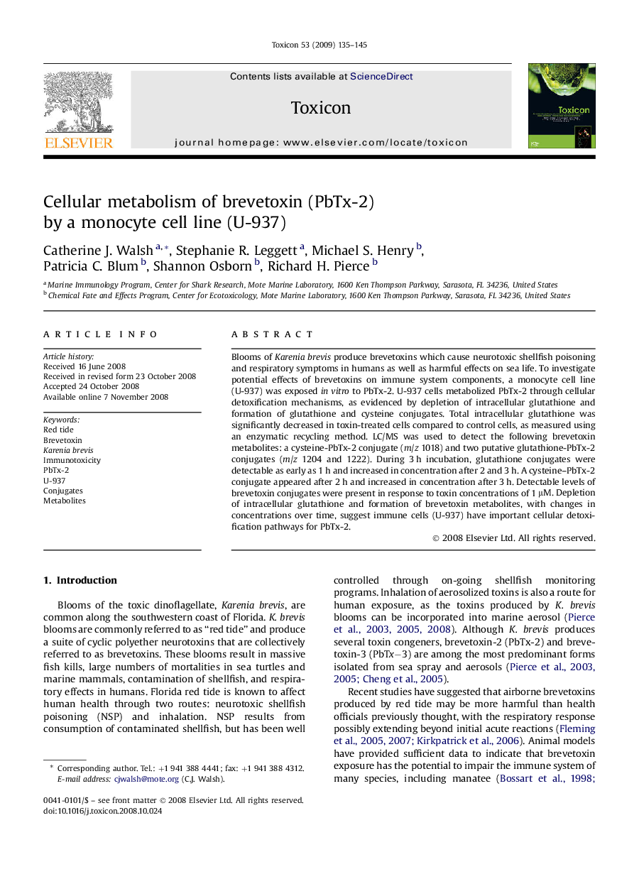 Cellular metabolism of brevetoxin (PbTx-2) by a monocyte cell line (U-937)