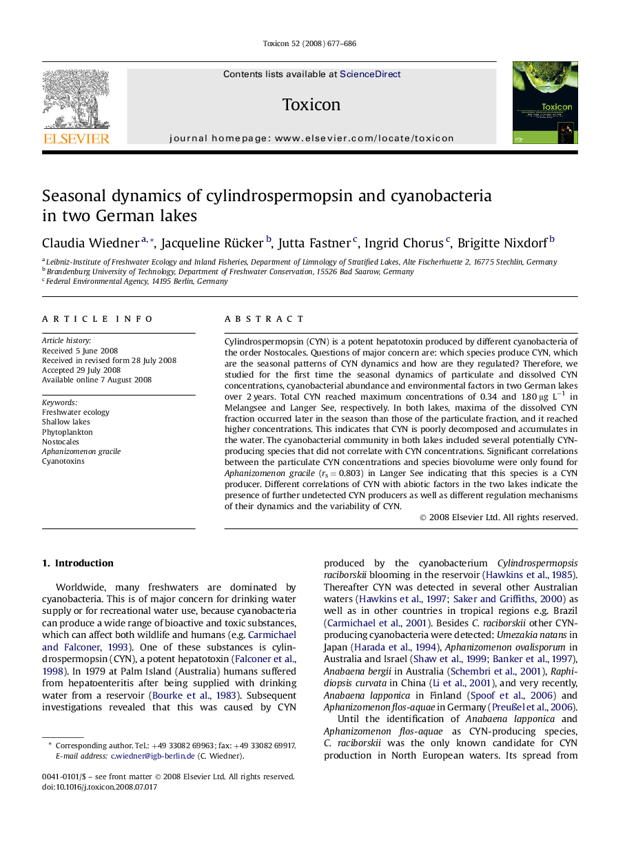 Seasonal dynamics of cylindrospermopsin and cyanobacteria in two German lakes