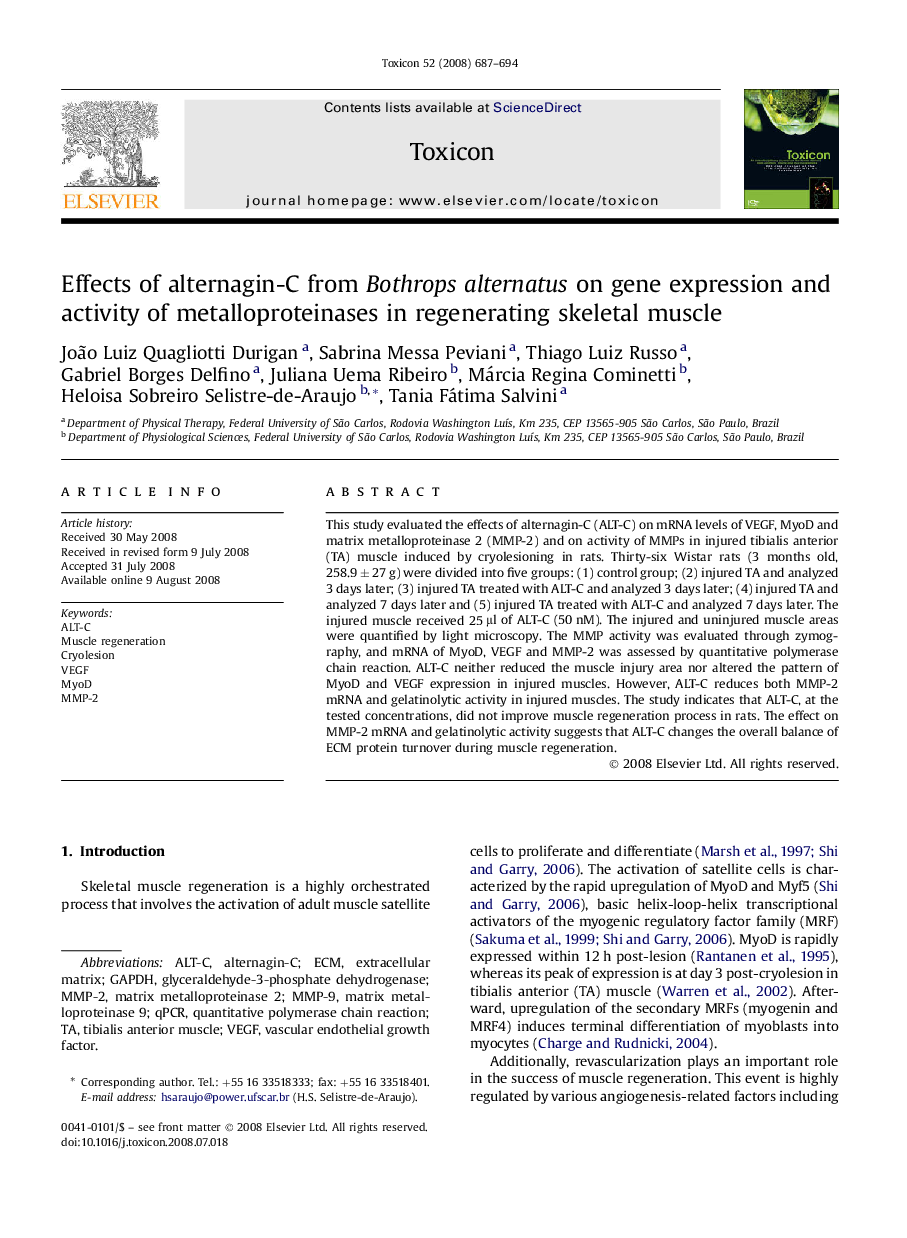 Effects of alternagin-C from Bothrops alternatus on gene expression and activity of metalloproteinases in regenerating skeletal muscle