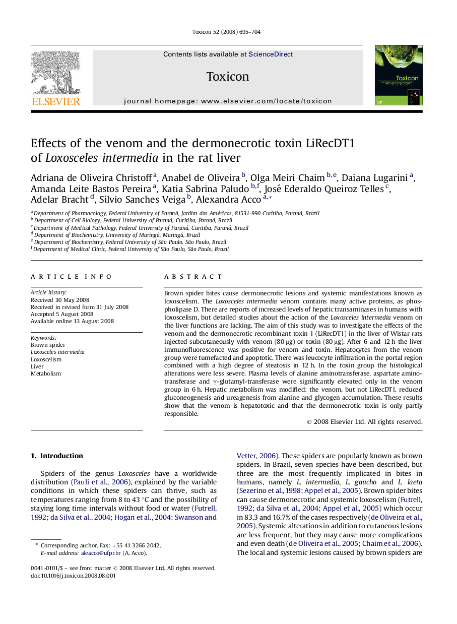 Effects of the venom and the dermonecrotic toxin LiRecDT1 of Loxosceles intermedia in the rat liver