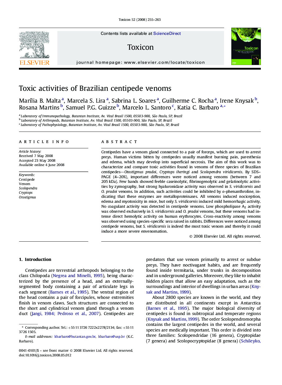 عکس صفحه اول مقاله: Toxic activities of Brazilian centipede venoms Toxic activities of Brazilian centipede venoms