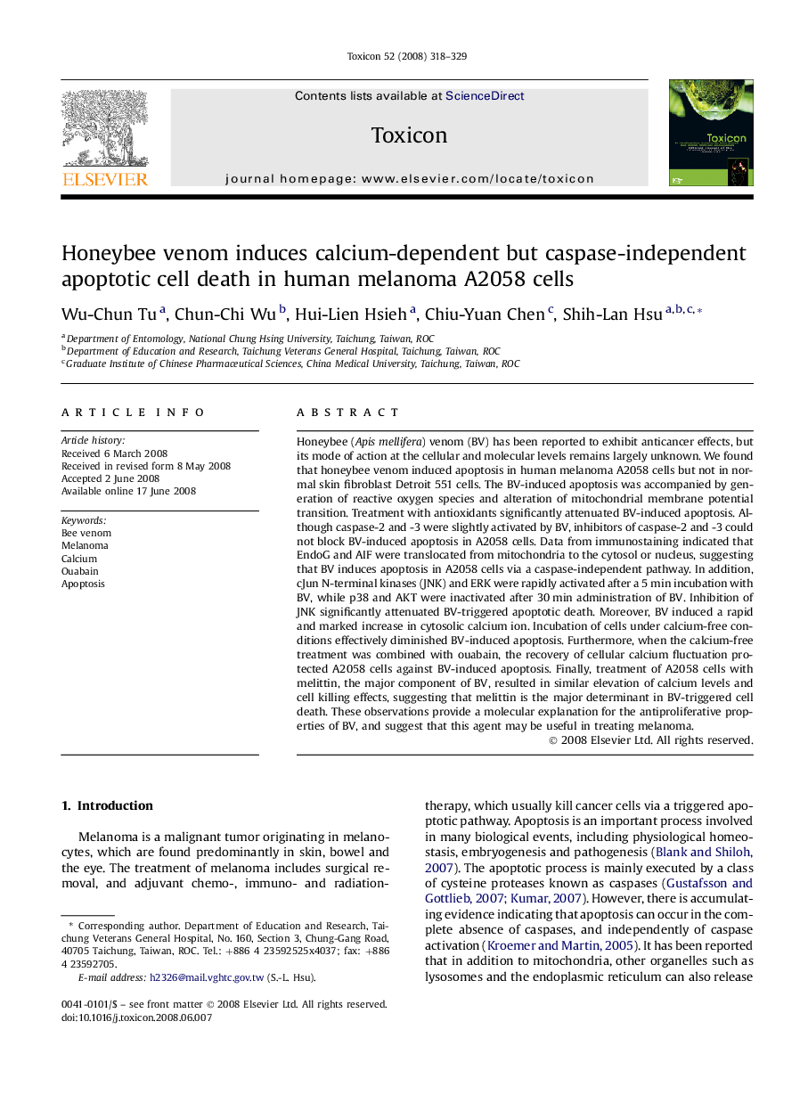 Honeybee venom induces calcium-dependent but caspase-independent apoptotic cell death in human melanoma A2058 cells