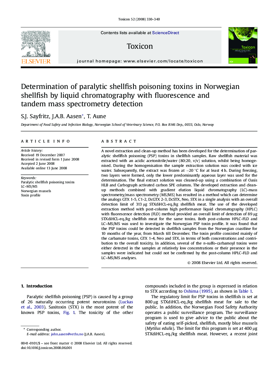 Determination of paralytic shellfish poisoning toxins in Norwegian shellfish by liquid chromatography with fluorescence and tandem mass spectrometry detection