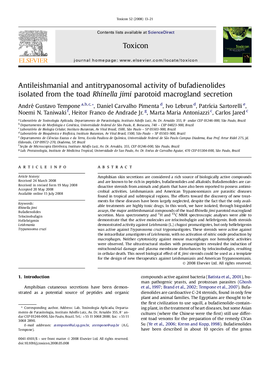 Antileishmanial and antitrypanosomal activity of bufadienolides isolated from the toad Rhinella jimi parotoid macrogland secretion
