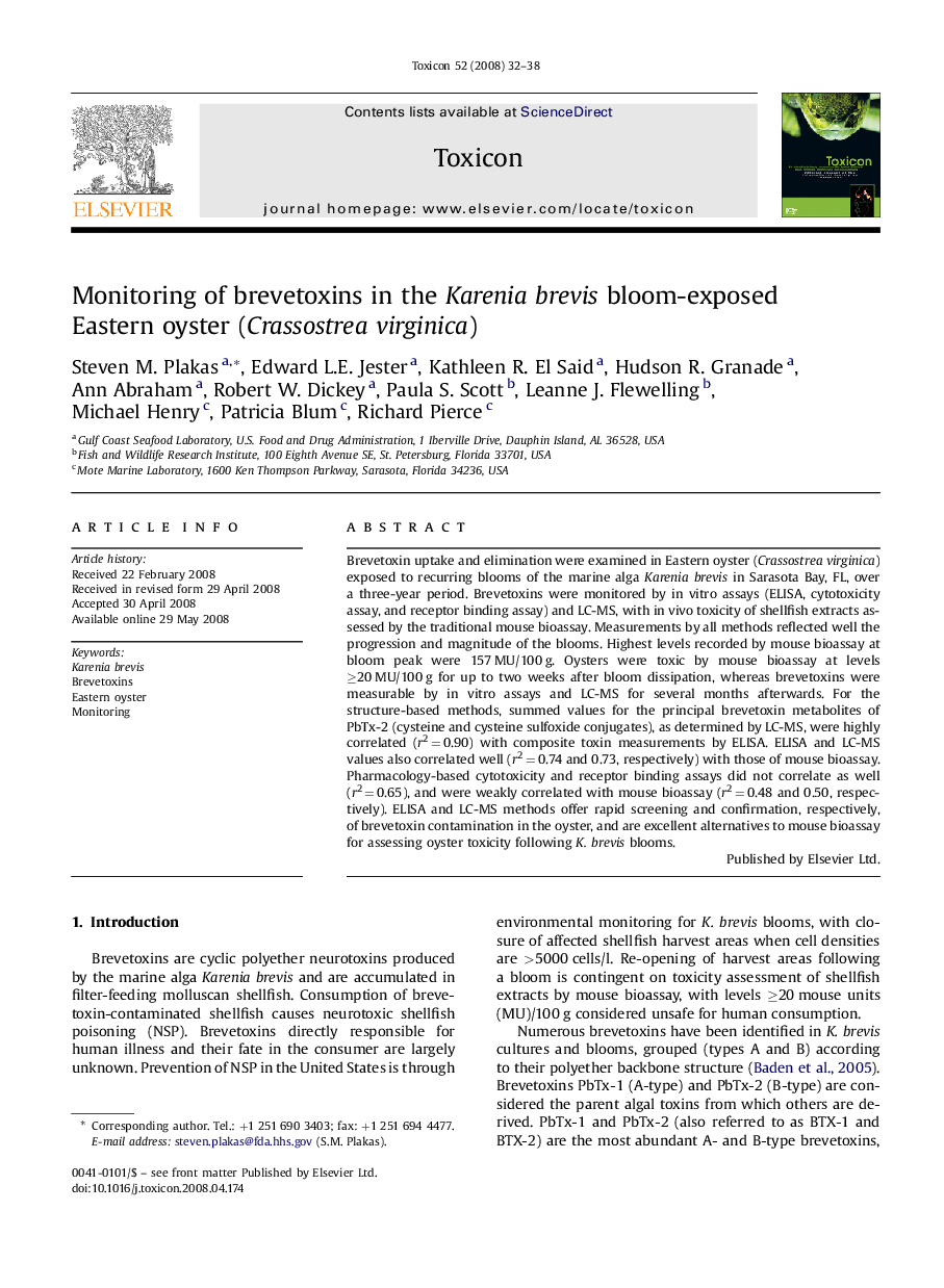 عکس صفحه اول مقاله: Monitoring of brevetoxins in the Karenia brevis bloom-exposed Eastern oyster (Crassostrea virginica) Monitoring of brevetoxins in the Karenia brevis bloom-exposed Eastern oyster (Crassostrea virginica)