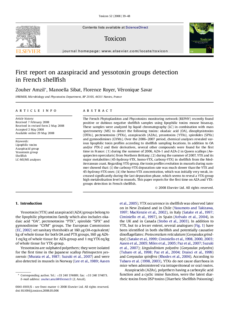 First report on azaspiracid and yessotoxin groups detection in French shellfish