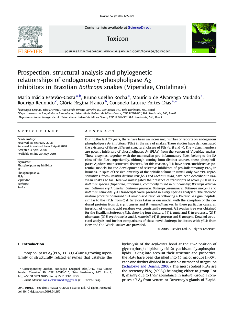 Prospection, structural analysis and phylogenetic relationships of endogenous γ-phospholipase A2 inhibitors in Brazilian Bothrops snakes (Viperidae, Crotalinae)