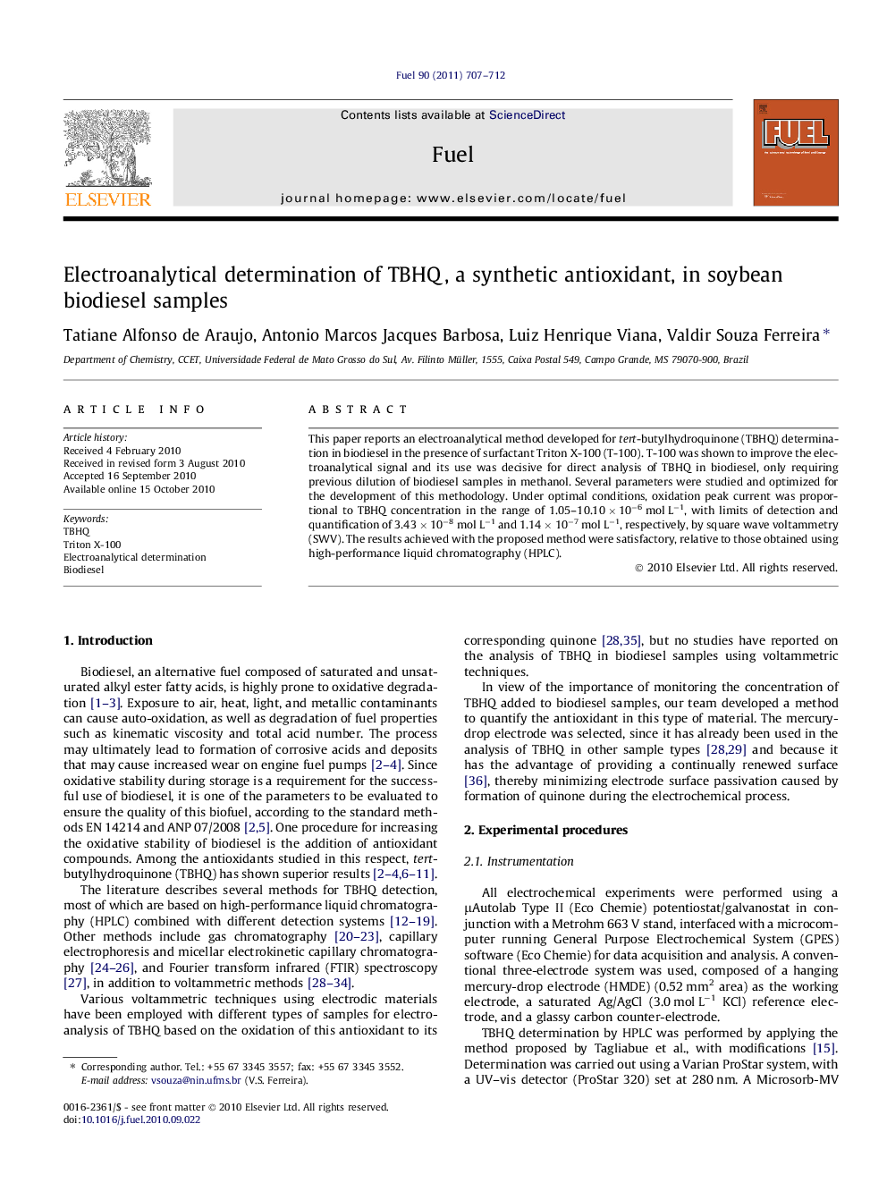 Electroanalytical determination of TBHQ, a synthetic antioxidant, in soybean biodiesel samples