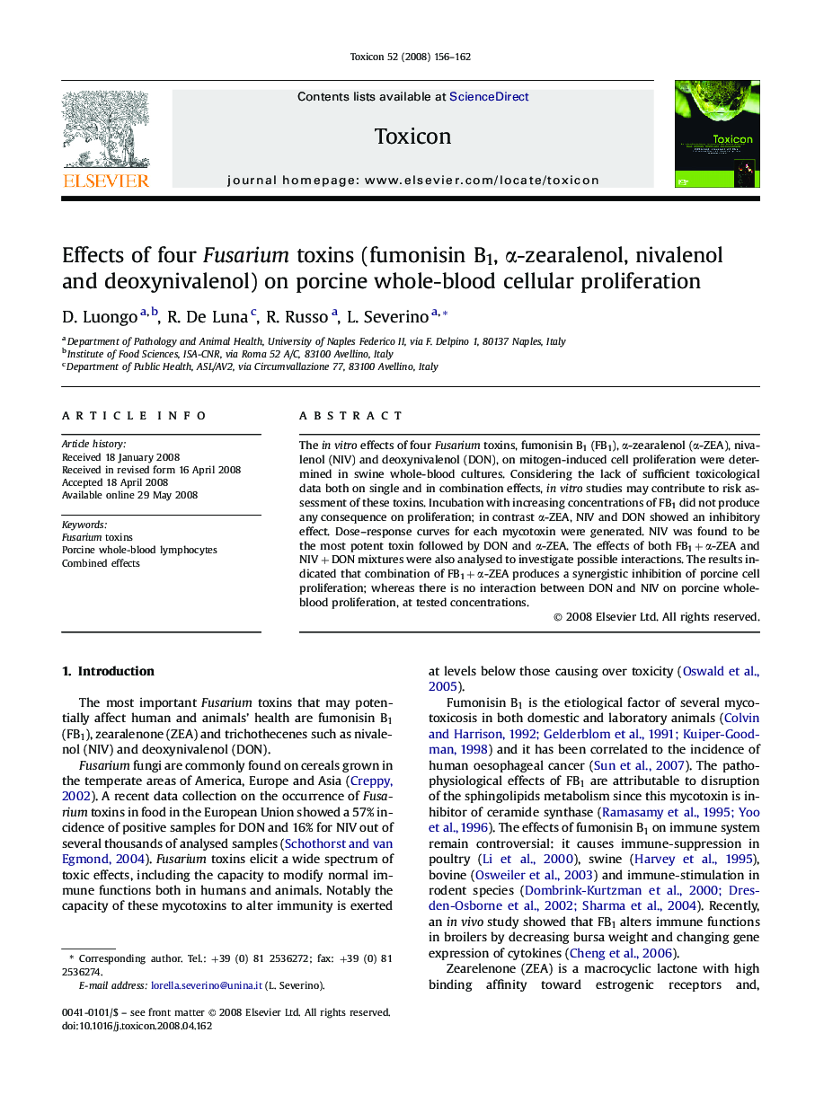 Effects of four Fusarium toxins (fumonisin B1, α-zearalenol, nivalenol and deoxynivalenol) on porcine whole-blood cellular proliferation