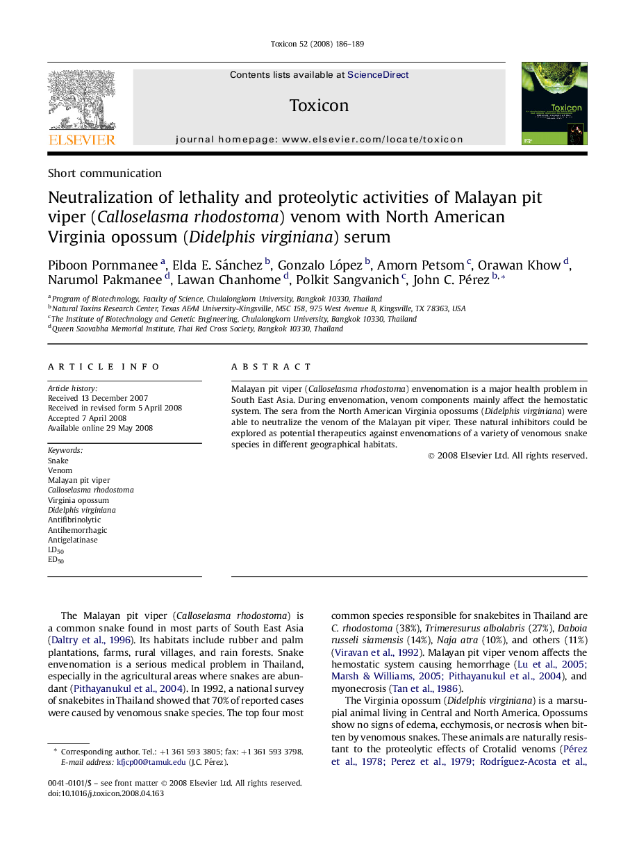 Neutralization of lethality and proteolytic activities of Malayan pit viper (Calloselasma rhodostoma) venom with North American Virginia opossum (Didelphis virginiana) serum