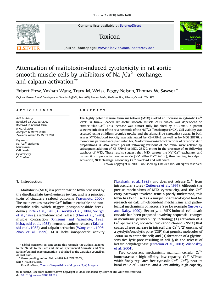 Attenuation of maitotoxin-induced cytotoxicity in rat aortic smooth muscle cells by inhibitors of Na+/Ca2+ exchange, and calpain activation 